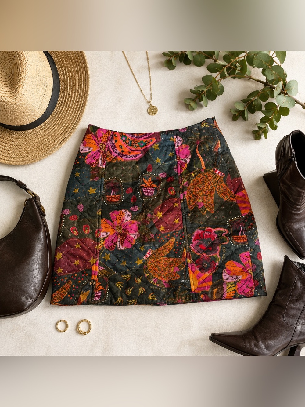 Farm Rio for Anthropologie Quilted Tropical Floral Mini Skirt Size Small